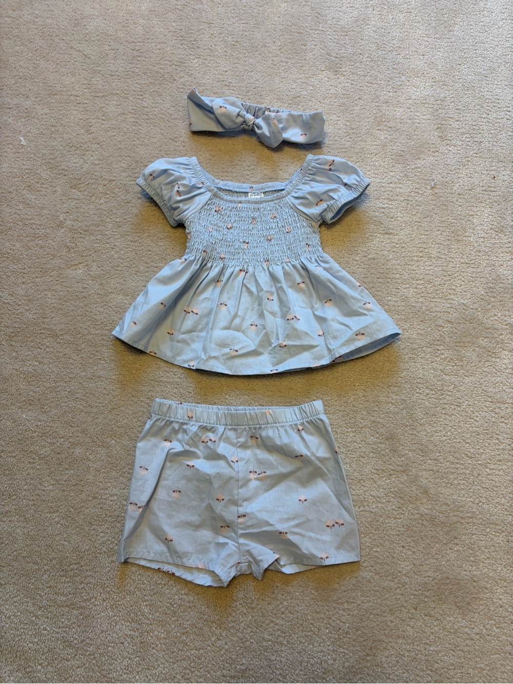 3 piece - Light Blue Smocked Top & Shorts Matching Set with Headband